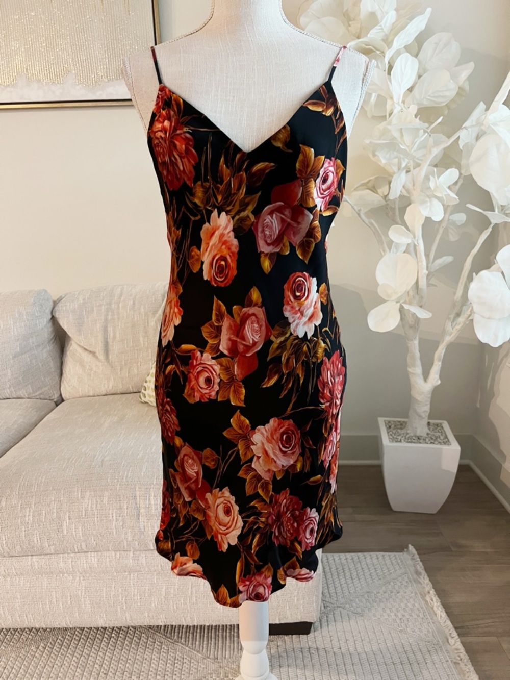 L’AGENCE Floral Sleeveless Slip Silk Midi Dress in Black and Rose Multicolor 4